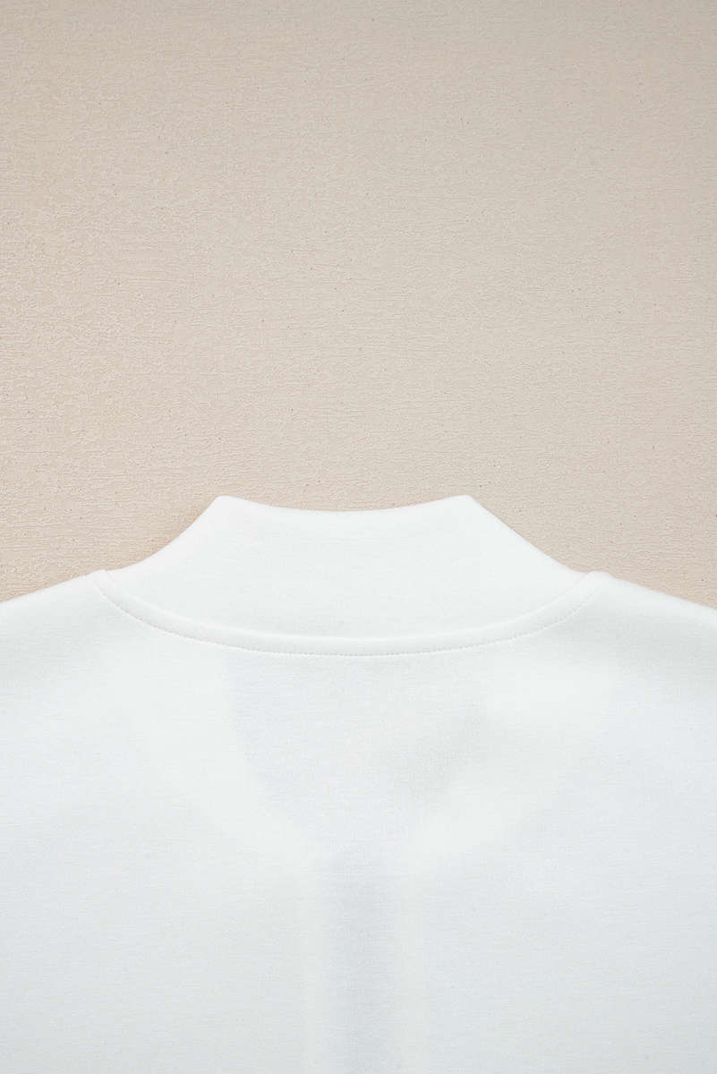 White Solid Color Zip Up Knit Puff Sleeve Jacket
