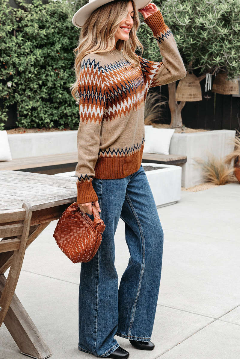 Khaki Aztec Print Colorblock Crew Neck Sweater
