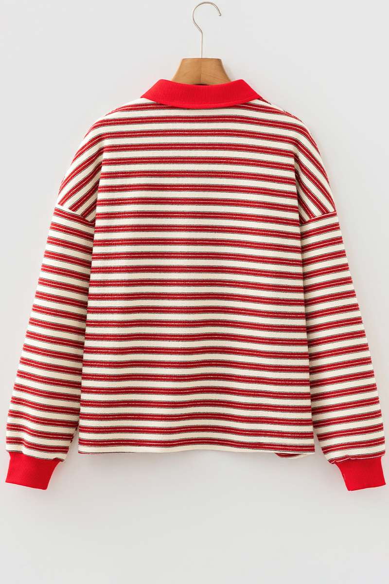 Racing Red Striped Print Contrast Collar Zip V Neck Long Sleeve Top
