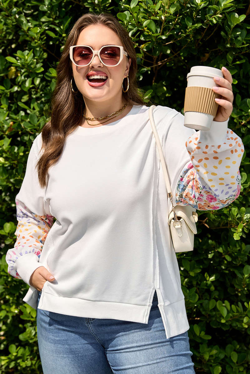 White Plus Size Exposed Seam Detail Contrast Dot Floral Patchwork Sleeve Sweatshirt