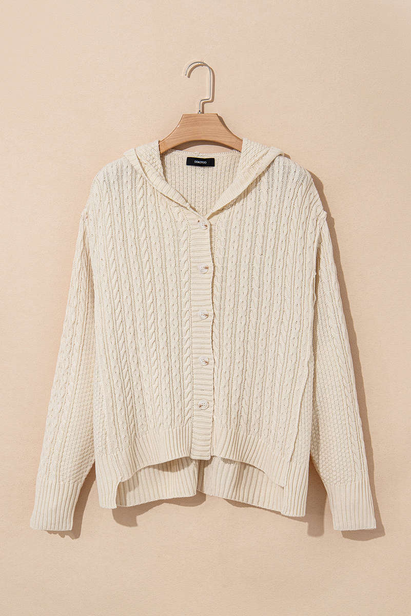 White Cable Knit Texture Uneven Hem Hooded Chic Cardigan