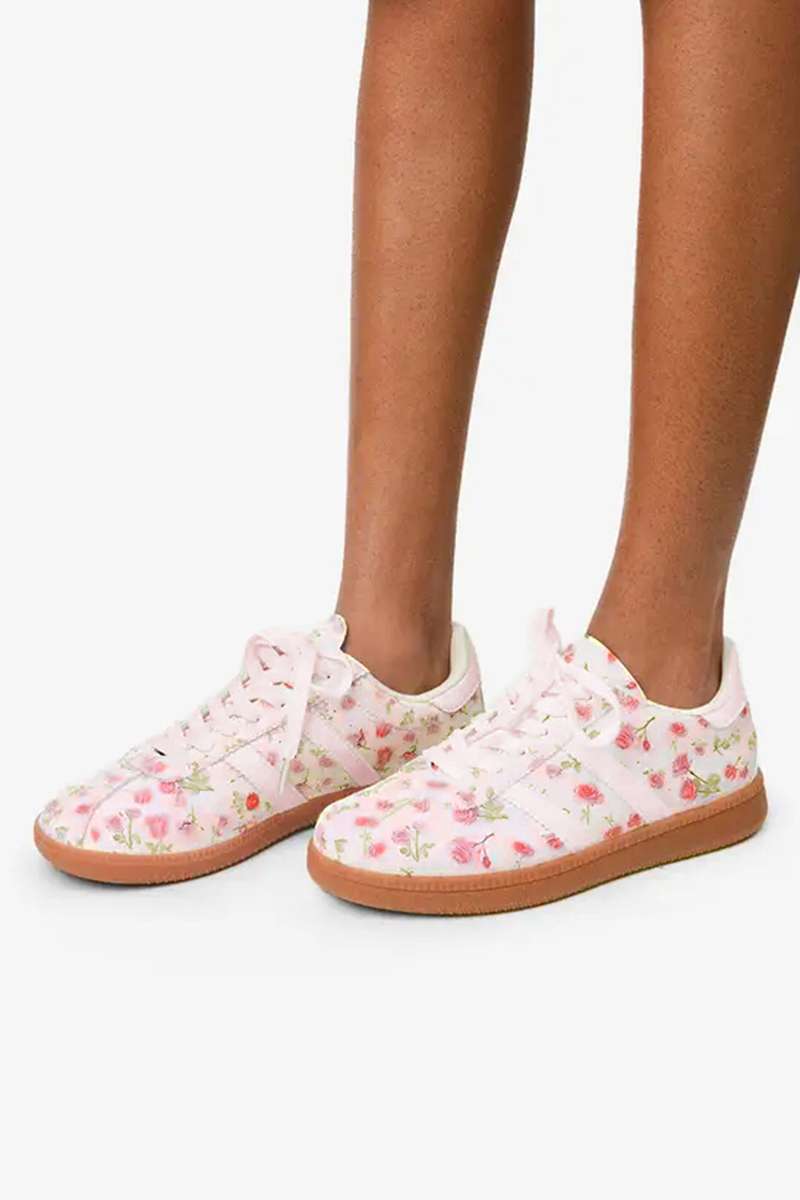 Light Pink Floral Print Lace-up PU Leather Flat Shoes