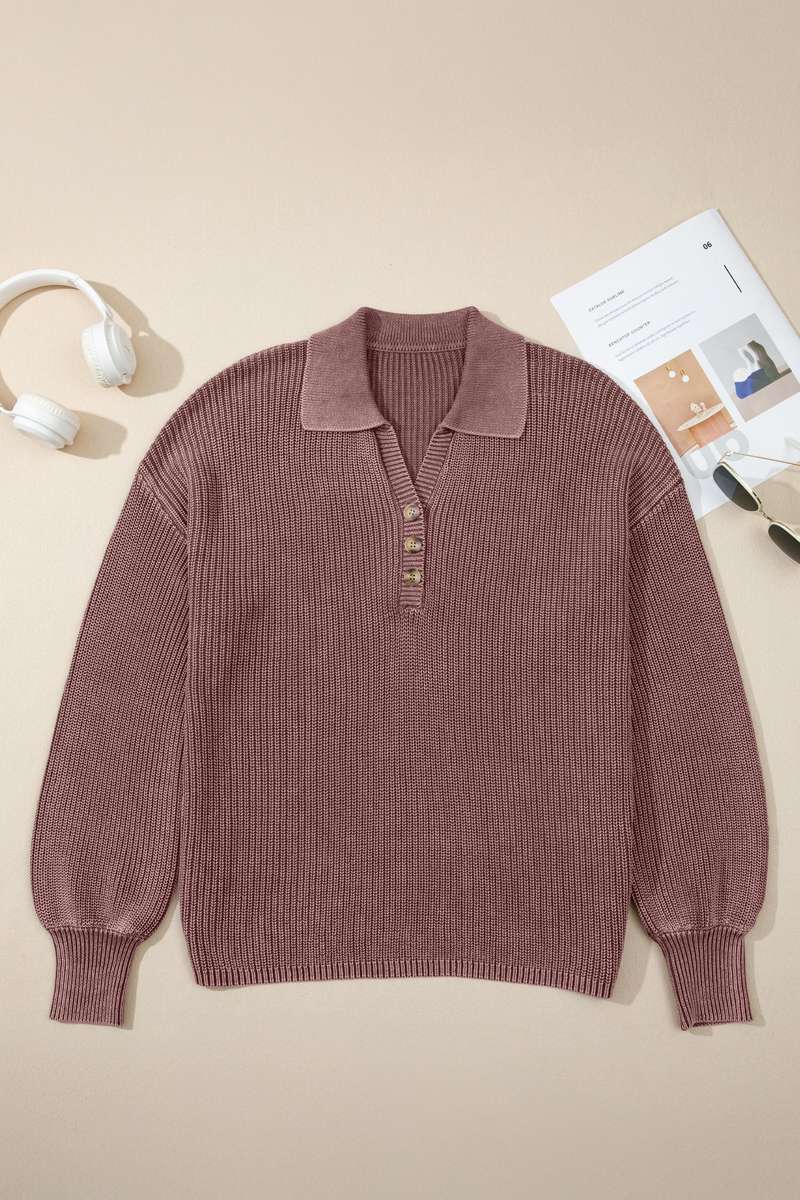 Dark Brown Mineral Washed Knit Button Polo Collar Loose Sweater