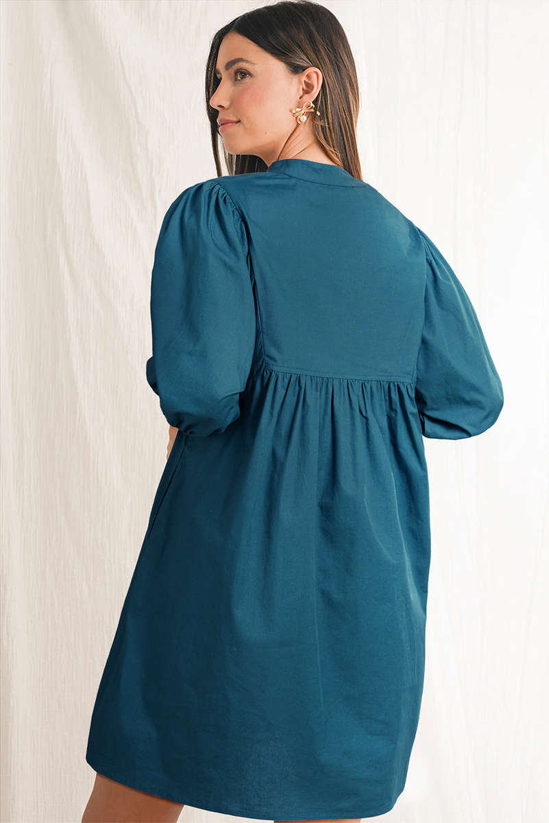 Blue Sapphire Colorblock Split V Neck Puff Sleeve Mini Dress