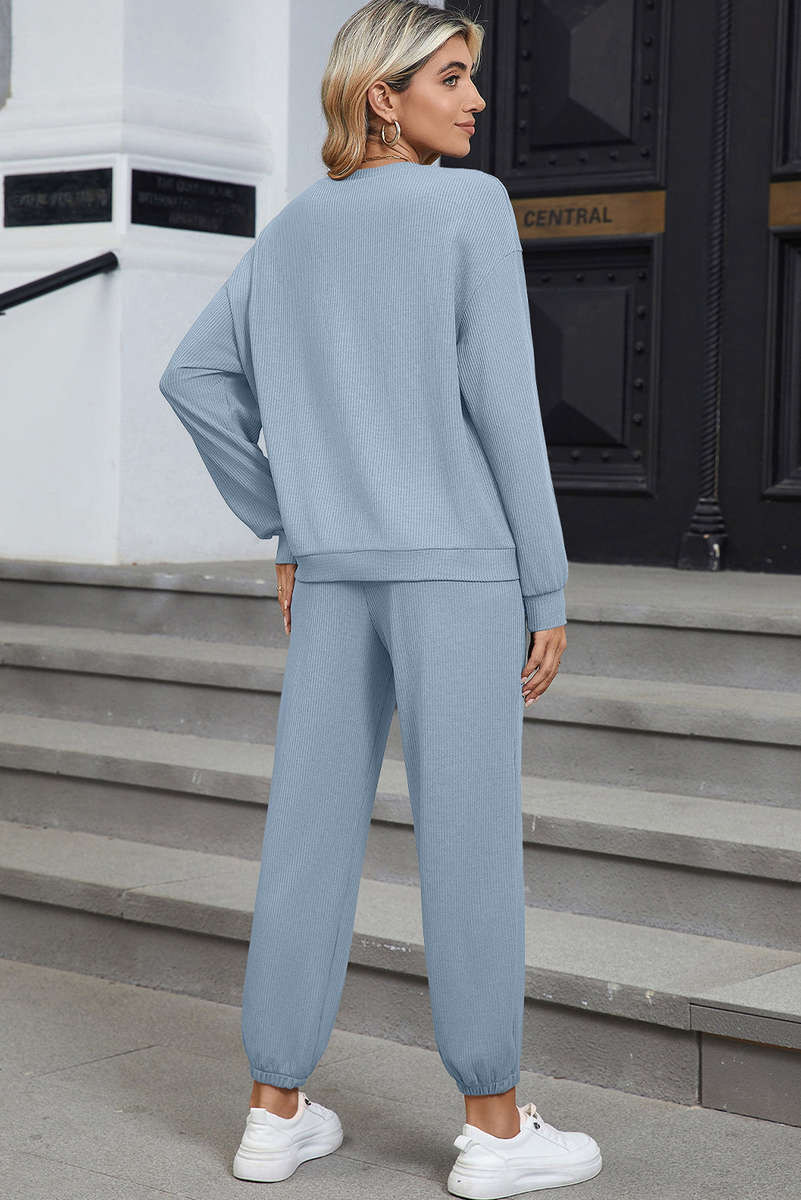Dusk Blue Solid Color Ribbed Loose Long Sleeve Top Casual Pant Set
