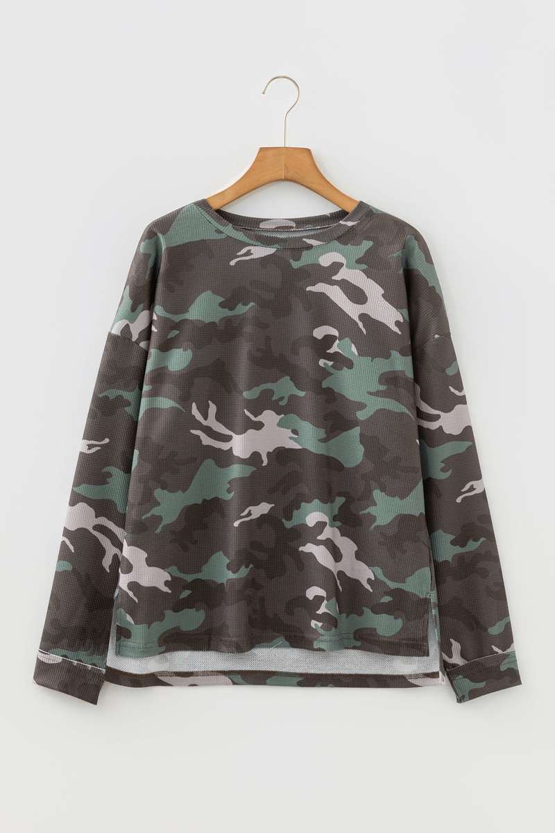 Green Camouflage Print Textured Drop Shoulder Long Sleeve Top