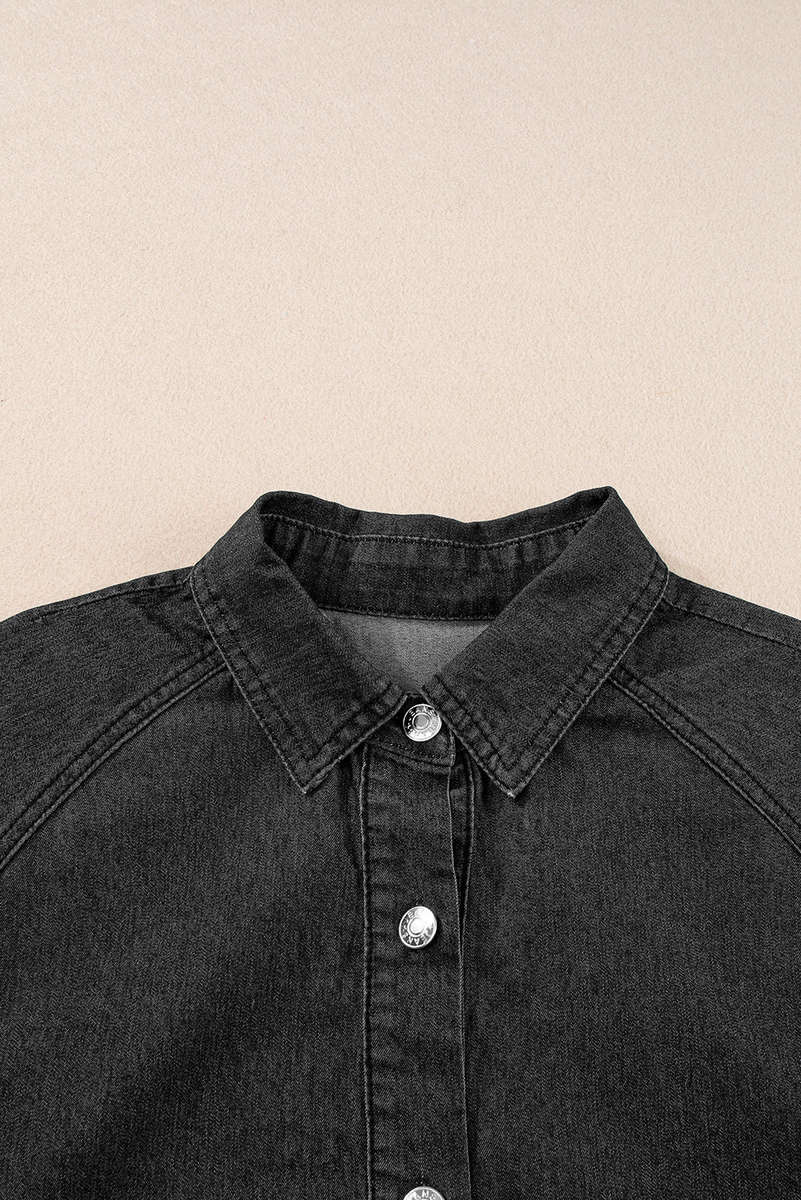 Black Frilled Short Sleeve Button Up Loose Denim Shirt Dress