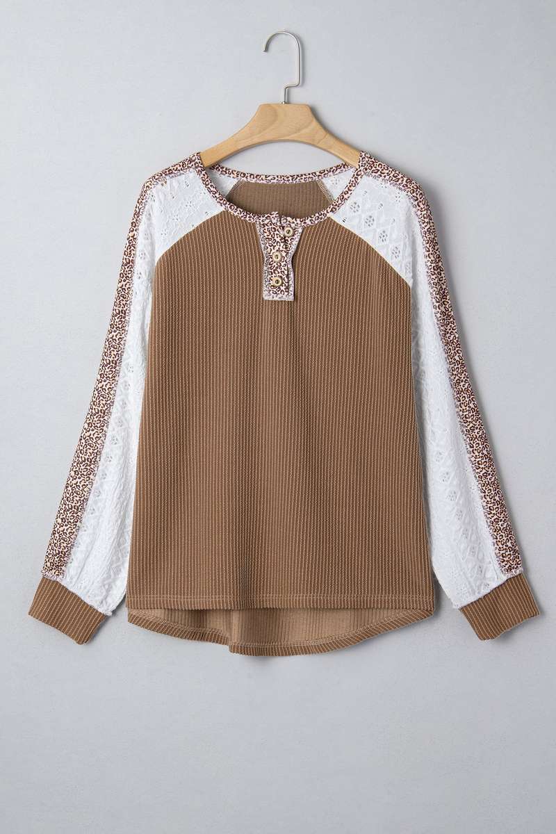 Dark Khaki Twisted Ribbed Leopard Lace Contrast Patchwork Long Sleeve Top