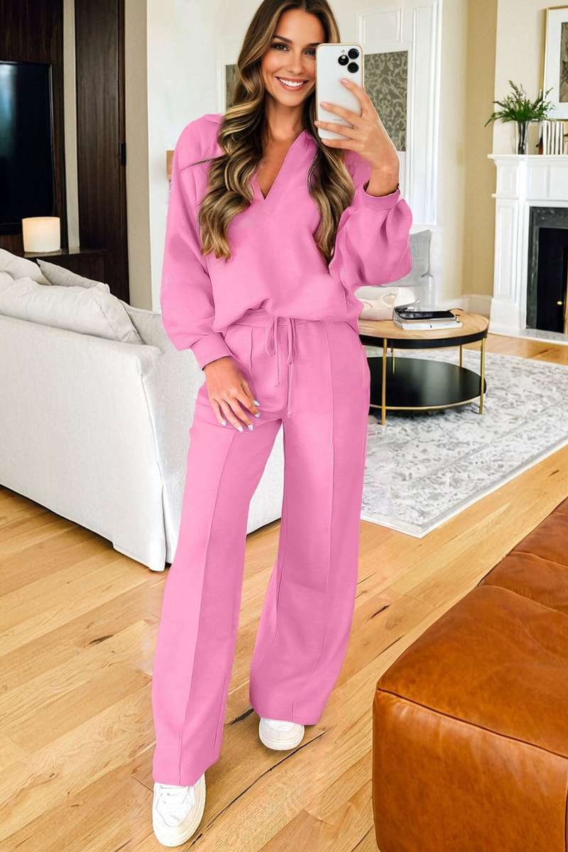 Bright Pink Polo Collar V Neck Pullover and Drawstring Sweatpants Set