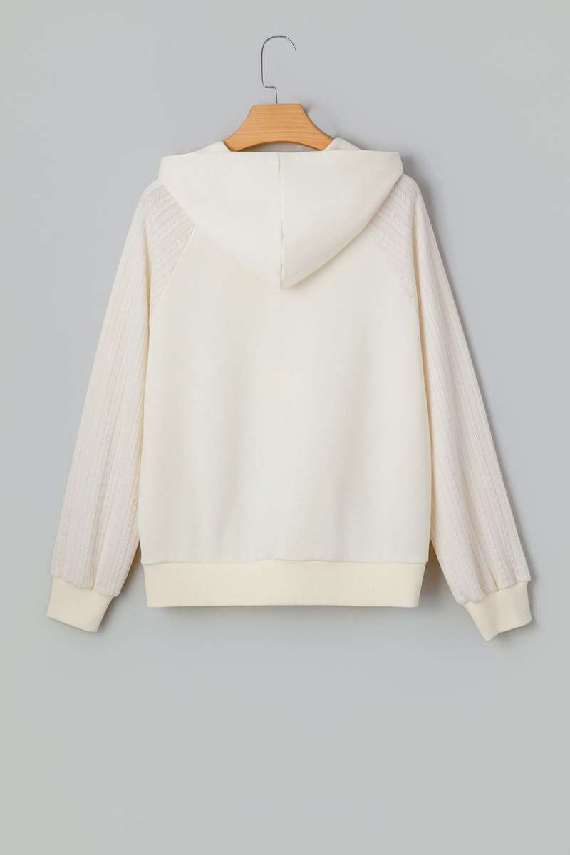 Beige Solid Color Textured Sleeve Patchwork Half Zip Hoodie