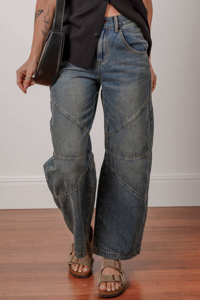Sail Blue Exposed Stitching Loose Straight High Waist Jeans