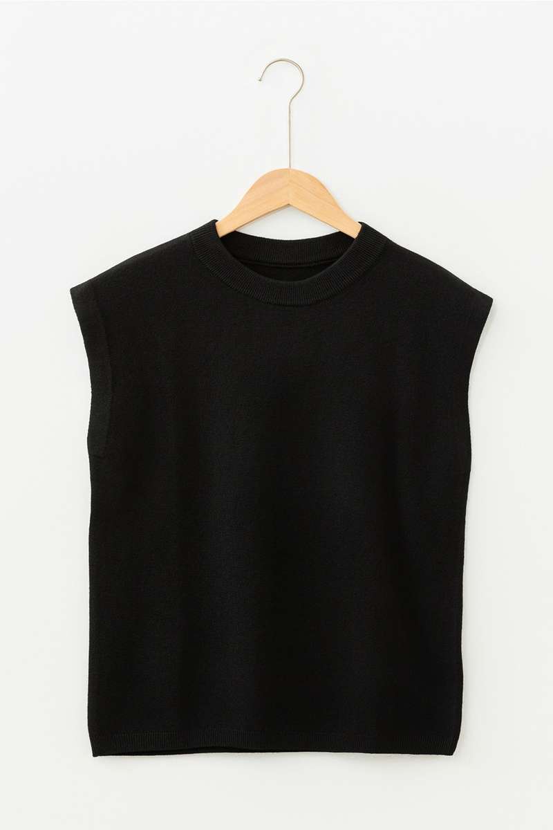 Black Solid Color Crew Neck Knit Cap Sleeve Sweater