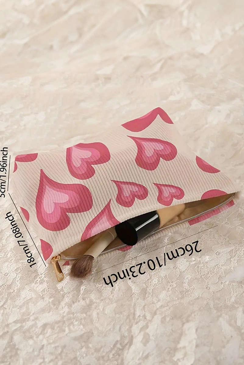 White Hearts Print Zipper Corduroy Large Cosmetic Bag