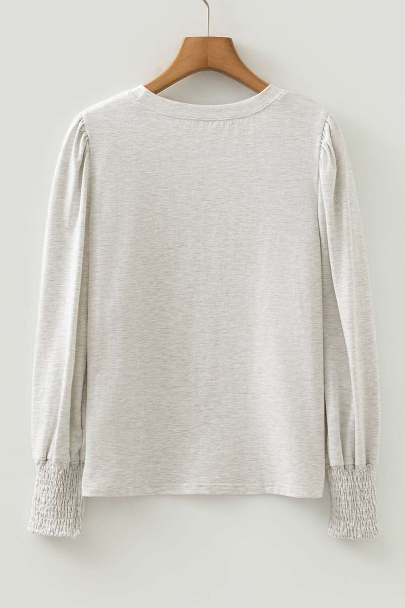 Oatmeal Shirred Cuffs Puff Sleeve Peasant Top