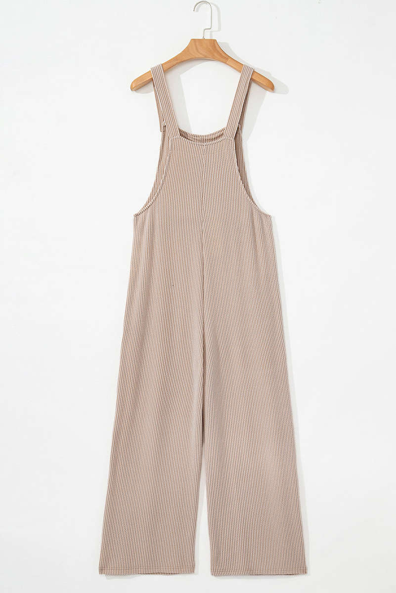 Parchment Ribbed Knit Patched Pocket Wide Leg Overalls