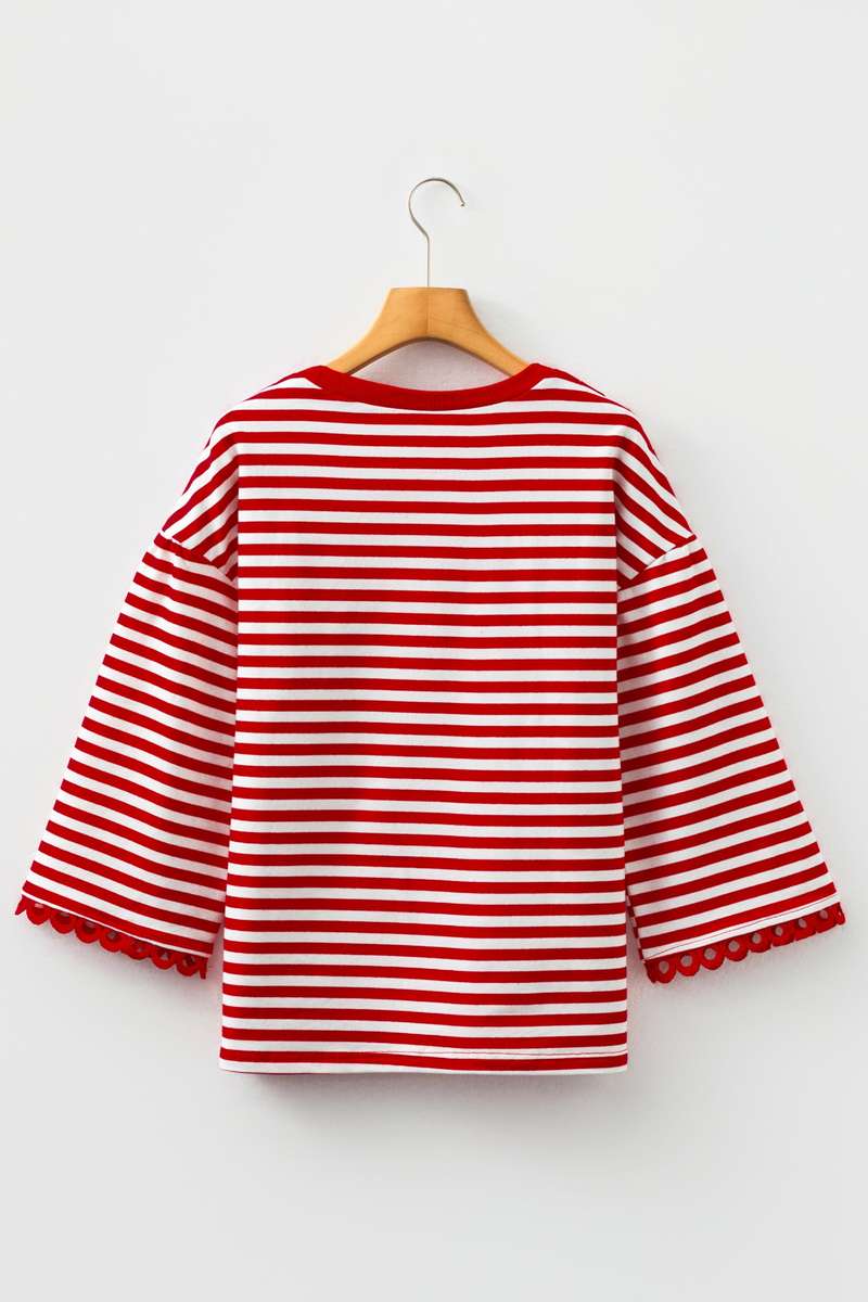 Racing Red Striped Print Drop Shoulder Lace Trim Bracelet Sleeve Loose Top