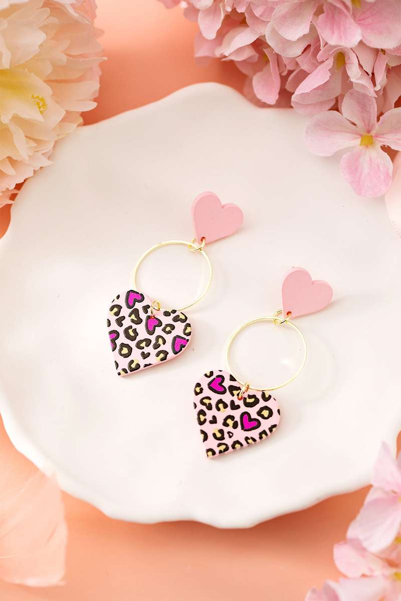 Pink Leopard Double Heart Golden Hoop Dangle Earrings