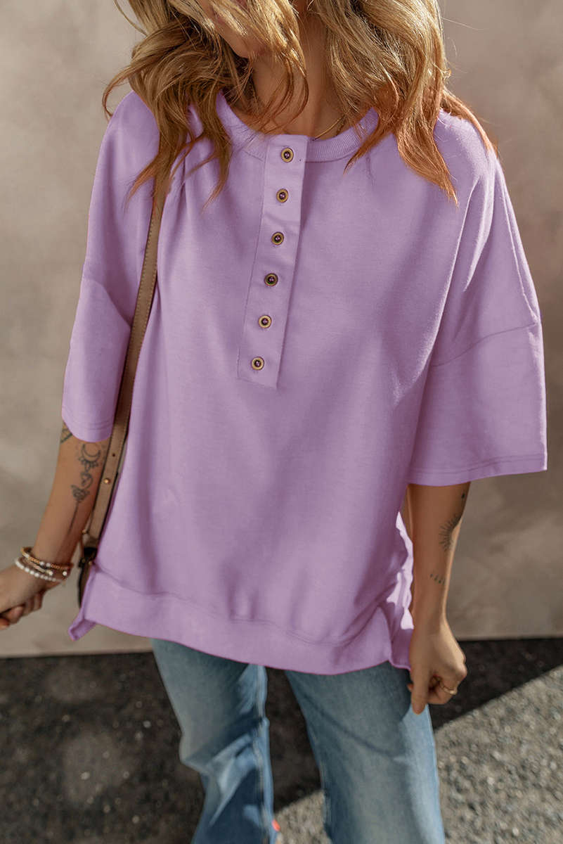 Orchid Petal Exposed Seam Button Neck Wide Sleeve Tunic Top