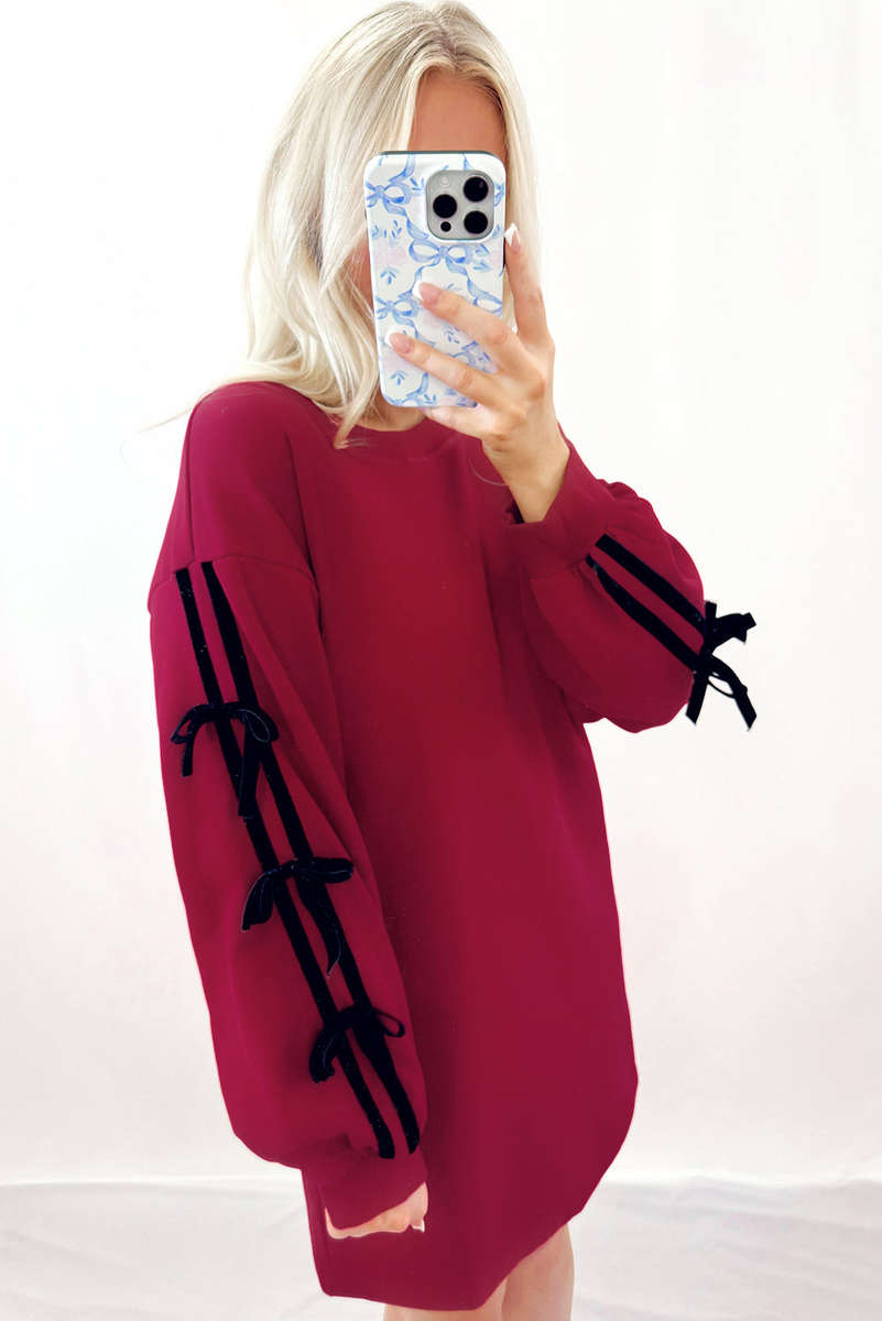 Racing Red Contrast Striped Bow Detail Drop Shoulder Sweatshirt Dress with Pockets