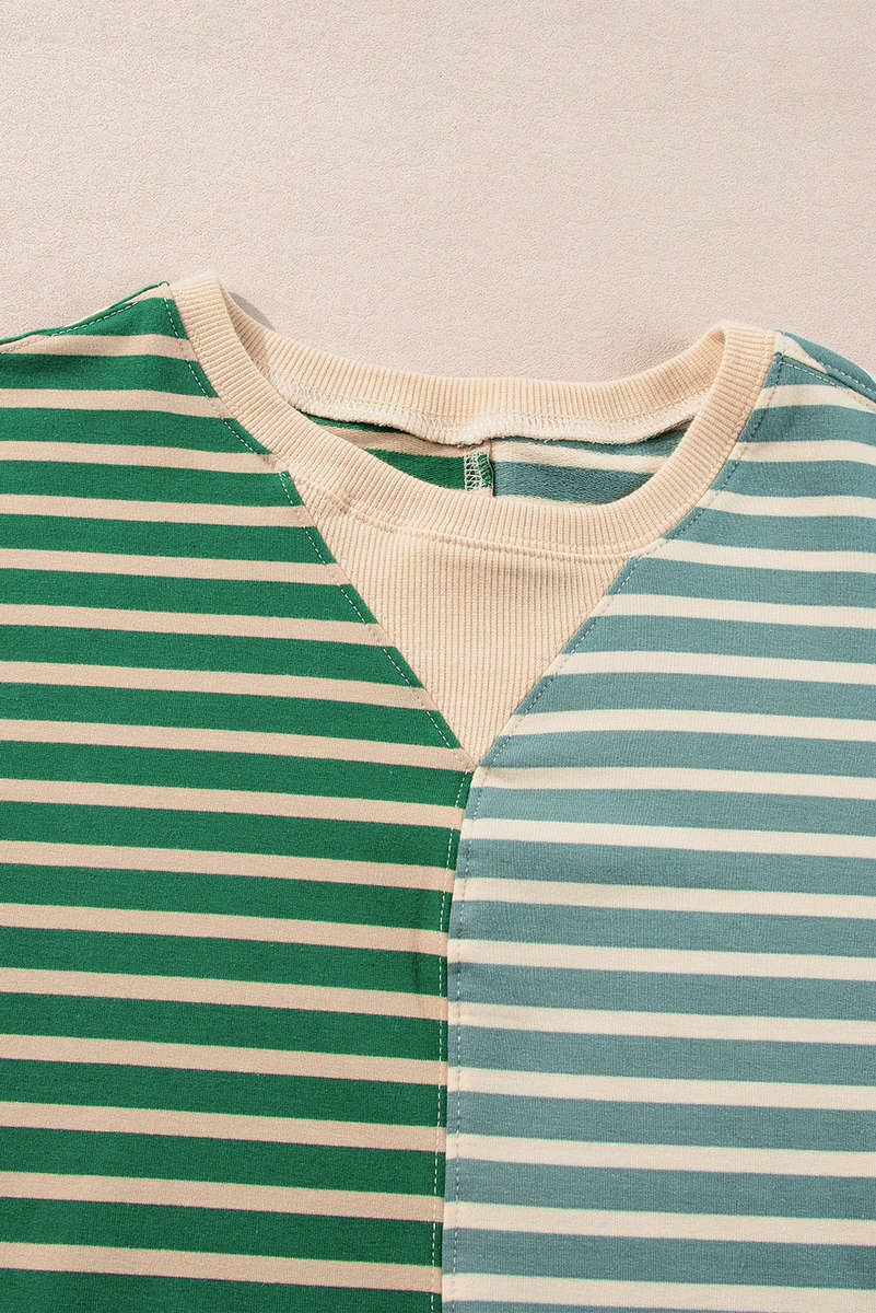 Green Stripe Colorblock Drop Shoulder Oversize Sweatshirt