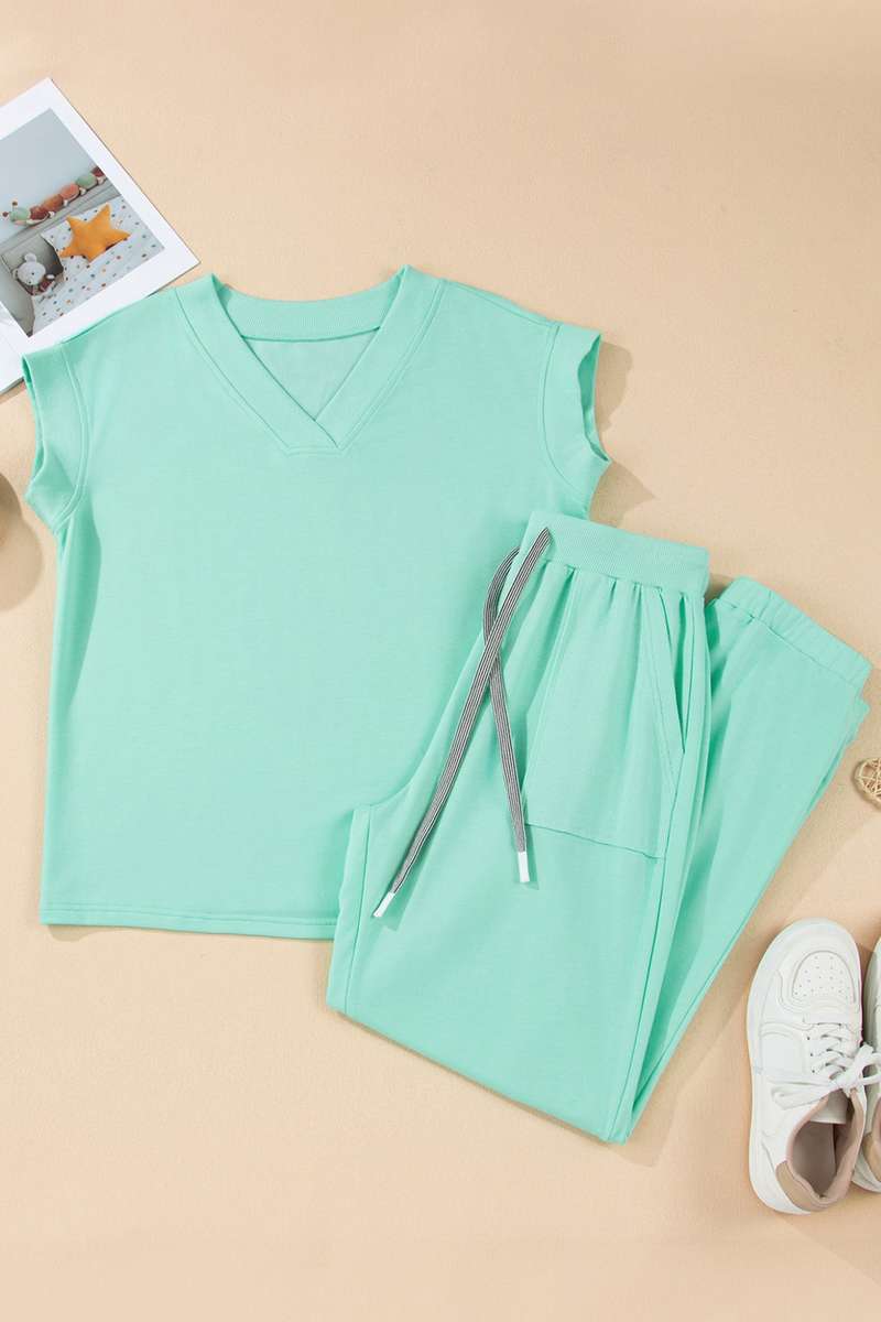 Mint Green Solid Color V Neck Tee Drawstring Pant Set