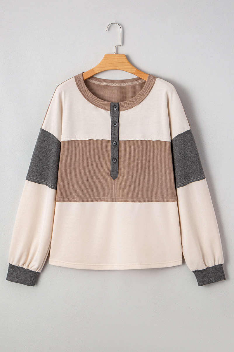 Jet Stream Color Block Waffled Patchwork Loose Henley Top