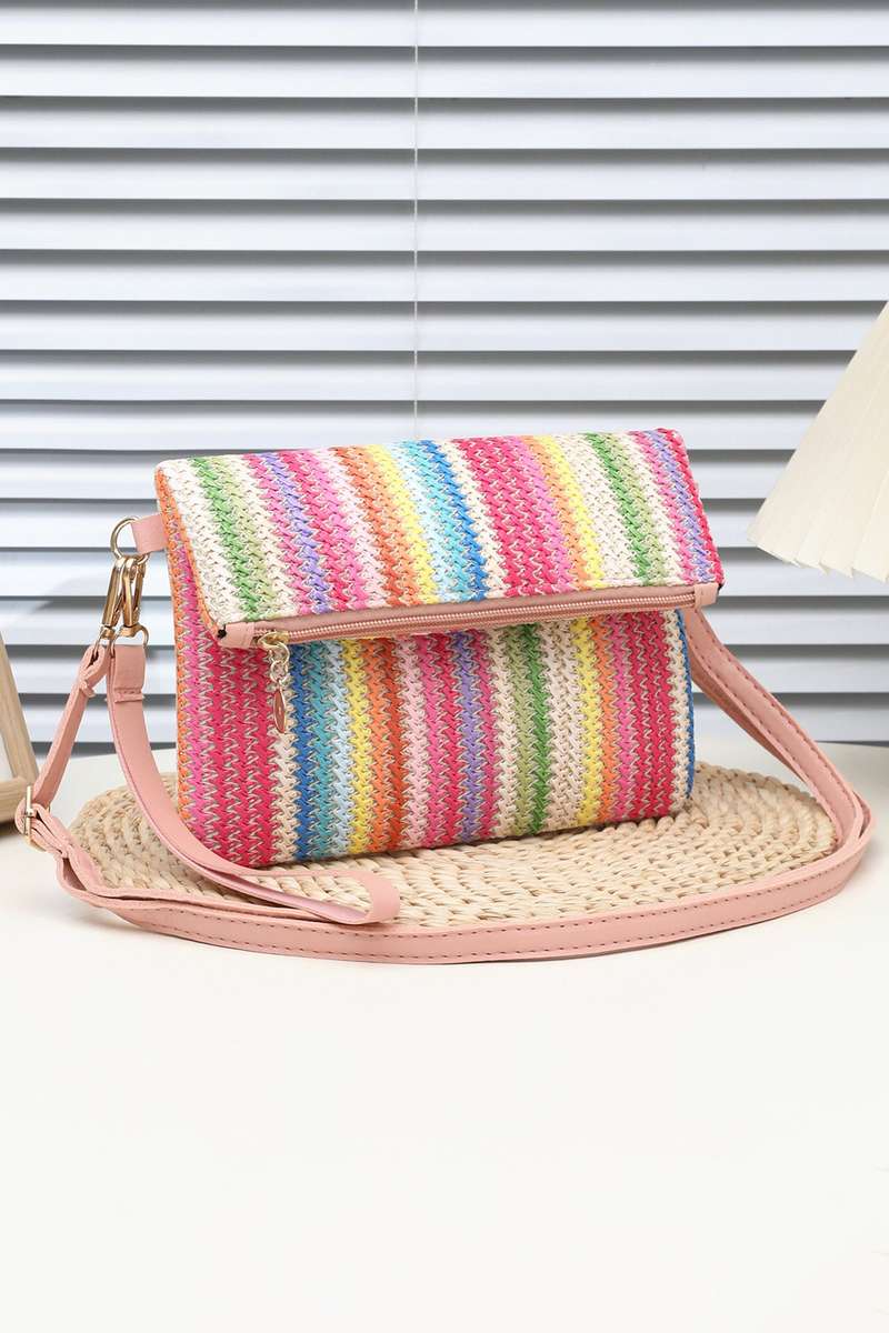 Pink Striped Straw Woven Zip Folded Magnetic Button Shoulder Bag