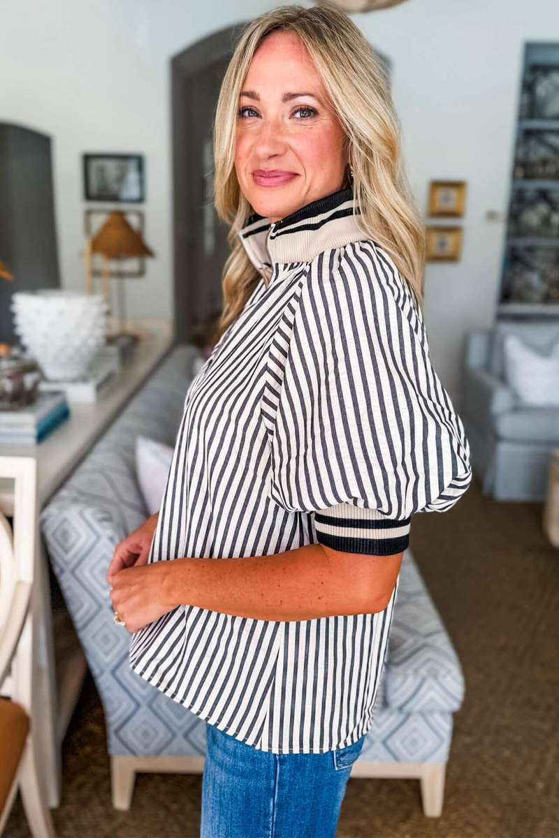 Black Stripe Polo Collar Half Zip Short Puff Sleeve Blouse