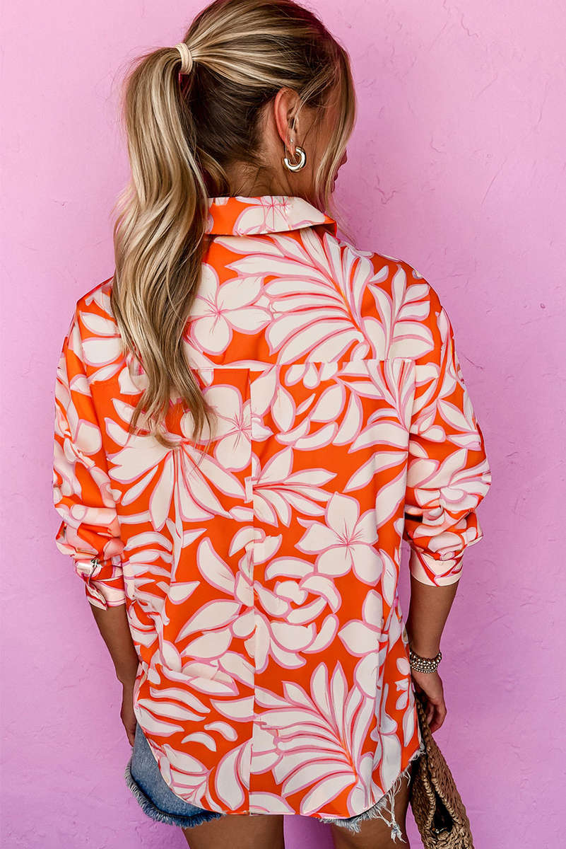 Orange Botanical Print Single Chest Pocket Button Up Shirt