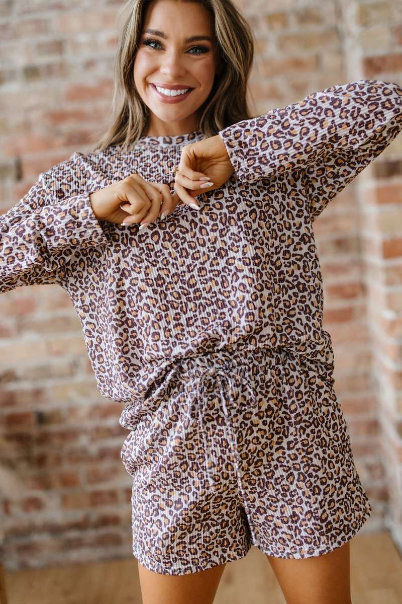 Khaki Leopard Ribbed Long Sleeve Top Drawstring Shorts 2pcs Outfit