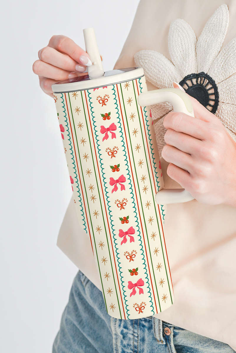 White Holly Jolly Bow Striped Print Flip Straw Tumbler