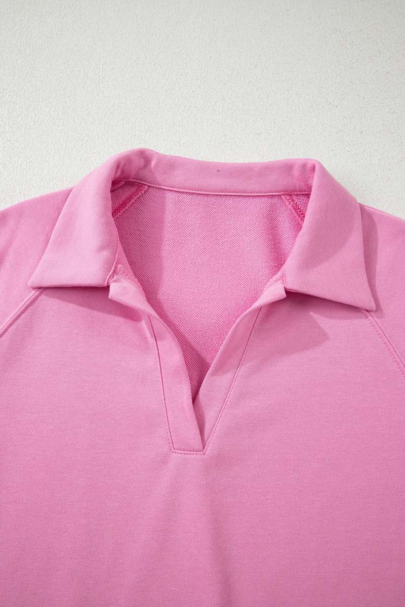 Bright Pink Polo Collar V Neck Pullover and Drawstring Sweatpants Set