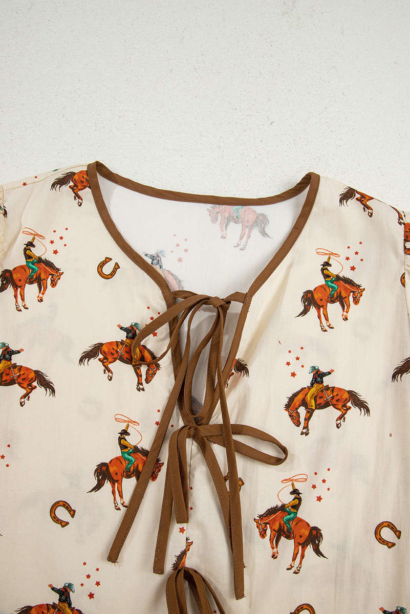 Apricot Cowboy Print Puff Sleeve Bowknot Peplum Blouse