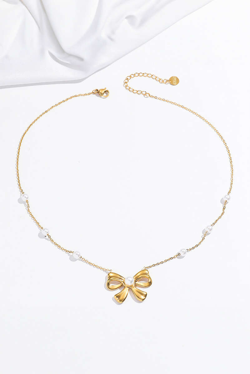 Gold Pearl Decor Plated Bow Knot Pendant Necklace