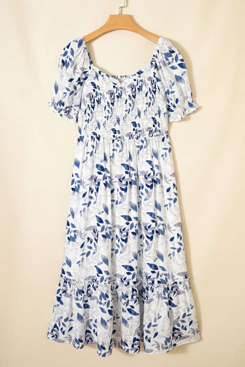 Sky Blue Smocked Bodice Short Puff Sleeve Tiered Floral Midi Dress