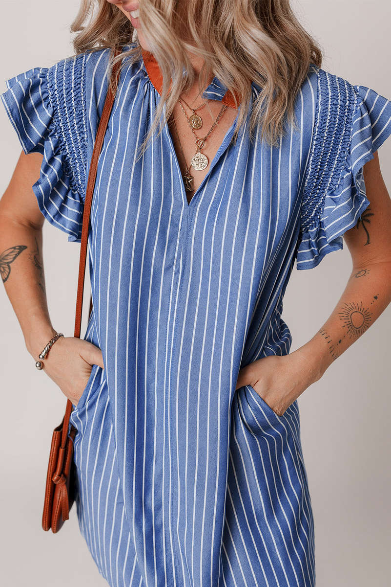 Sky Blue Stripe Frilly Split Neck Shirred Ruffle Sleeve Short Shift Dress