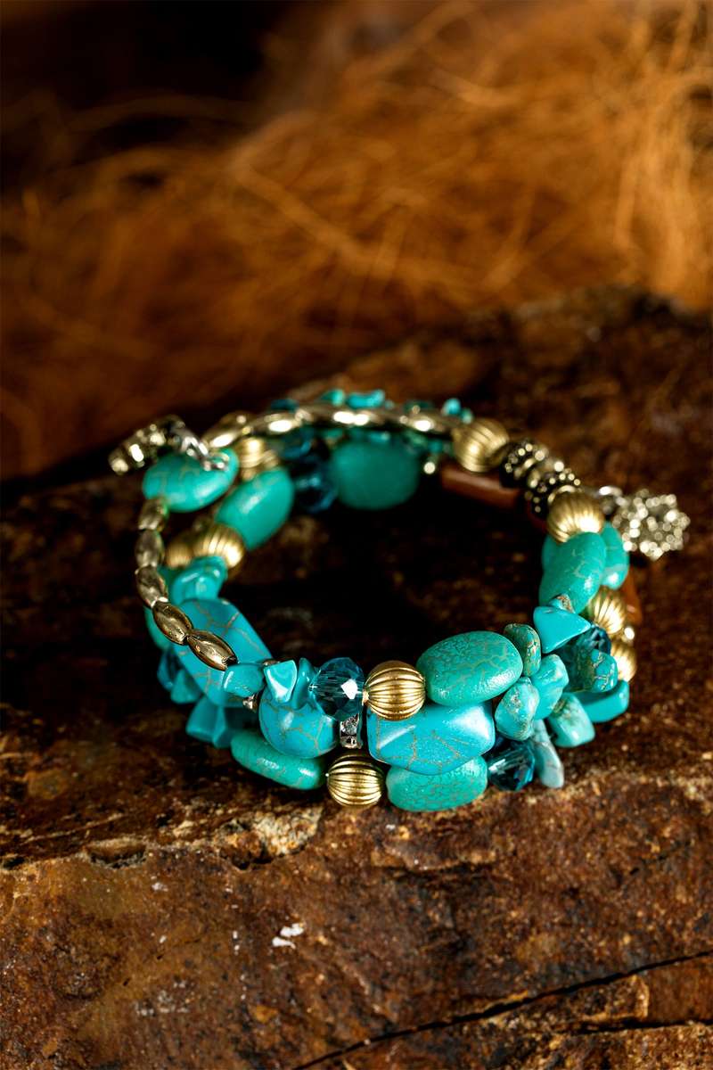 Turquoise Bohemian Style Crystal Stone Plated Bead Multi-Layer Winding Bracelet