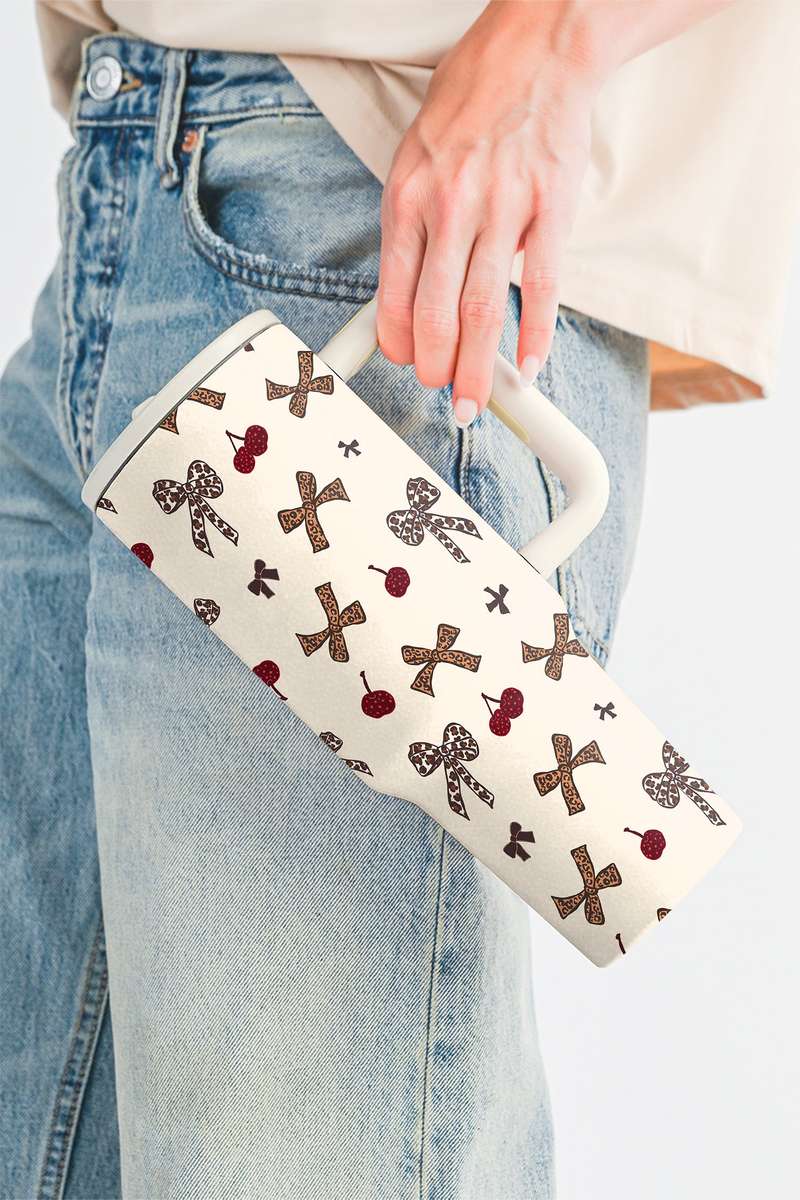 White Leopard Cheery Bow Printed Single Handle Flip Straw Travel Cup