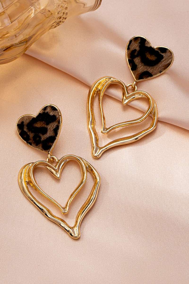 Gold Plated Irregular Hollowed Heart Leopard Studded Earrings