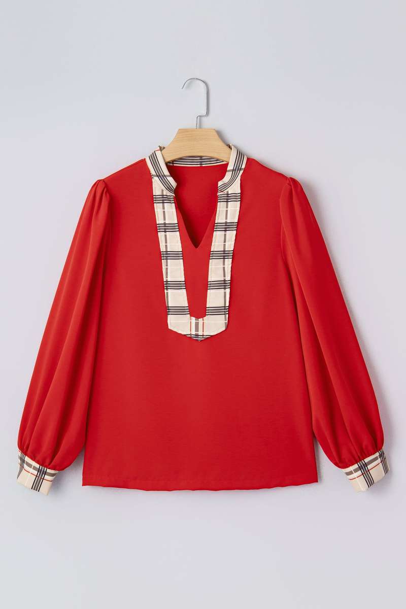 Racing Red Contrast Plaid Patchwork V Neck Long Sleeve Blouse