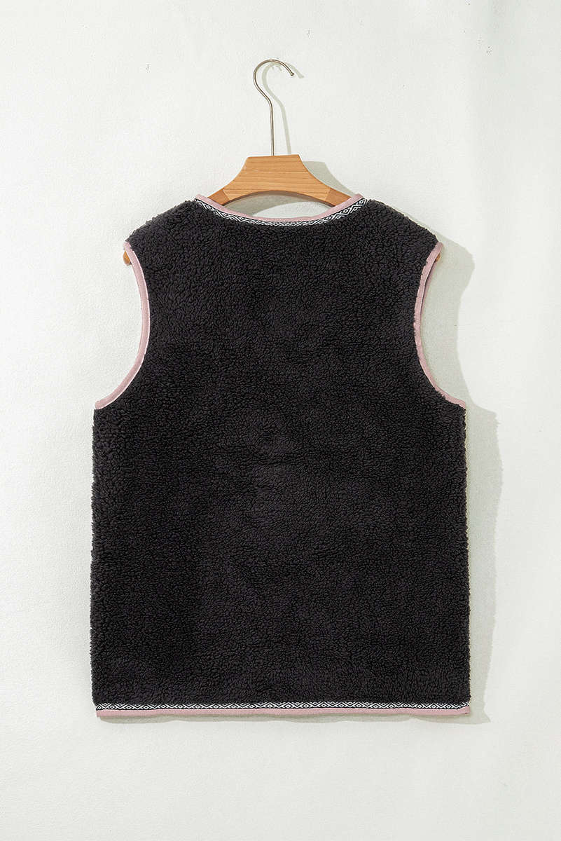 Dark Grey Sherpa Contrast Trim Patch Pocket Cartridge Toggle Button Vest