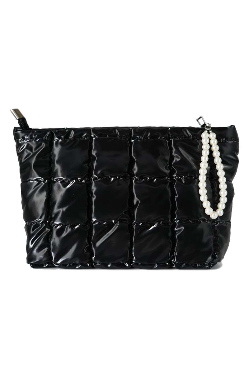 Color black PU Leather Quilted Texture Pearl Chain Zip Makeup Bag