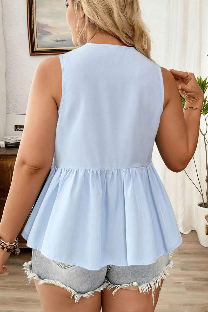 Beau Blue Plus Size Solid Color Bow Tie Peplum Tank Top