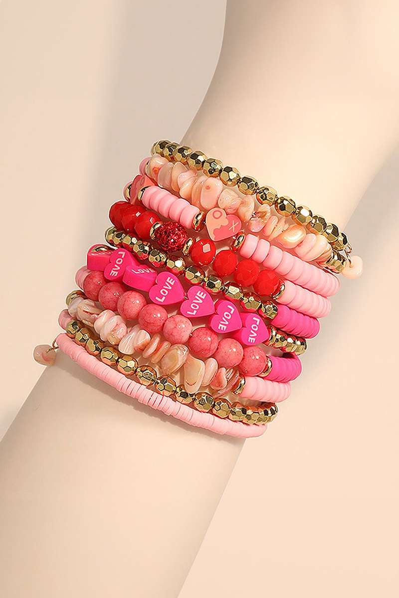 Rose Red 10pcs Polymer Clay Crystal Bead Valentines Heart Multilayer Bracelet Set