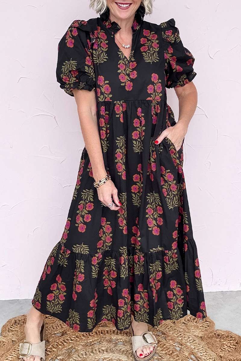 Black Floral Short Bubble Sleeve Tiered Maxi Dress