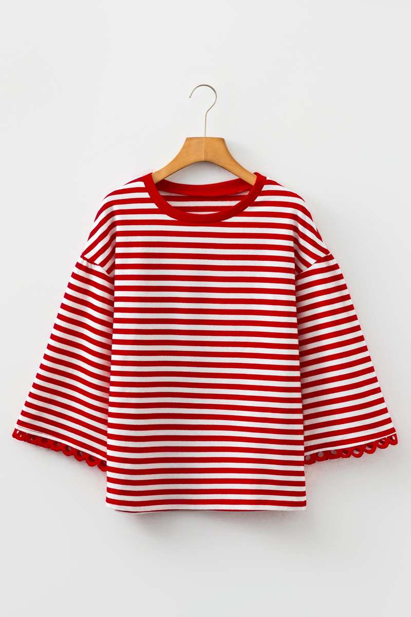 Racing Red Striped Print Drop Shoulder Lace Trim Bracelet Sleeve Loose Top