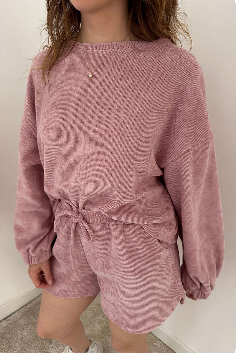 Fushia Solid Color Textured Knit Drop Shoulder Pullover Drawstring Shorts Set