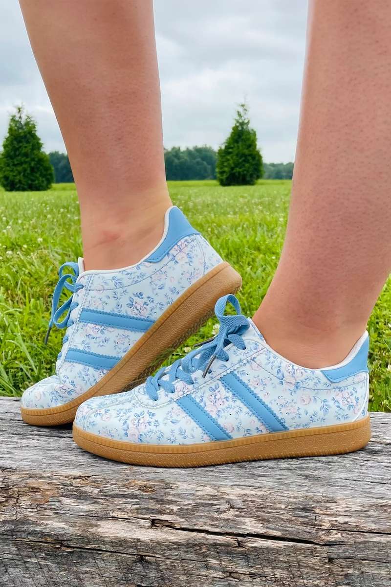Light Blue Floral Print Lace-up PU Leather Flat Shoes