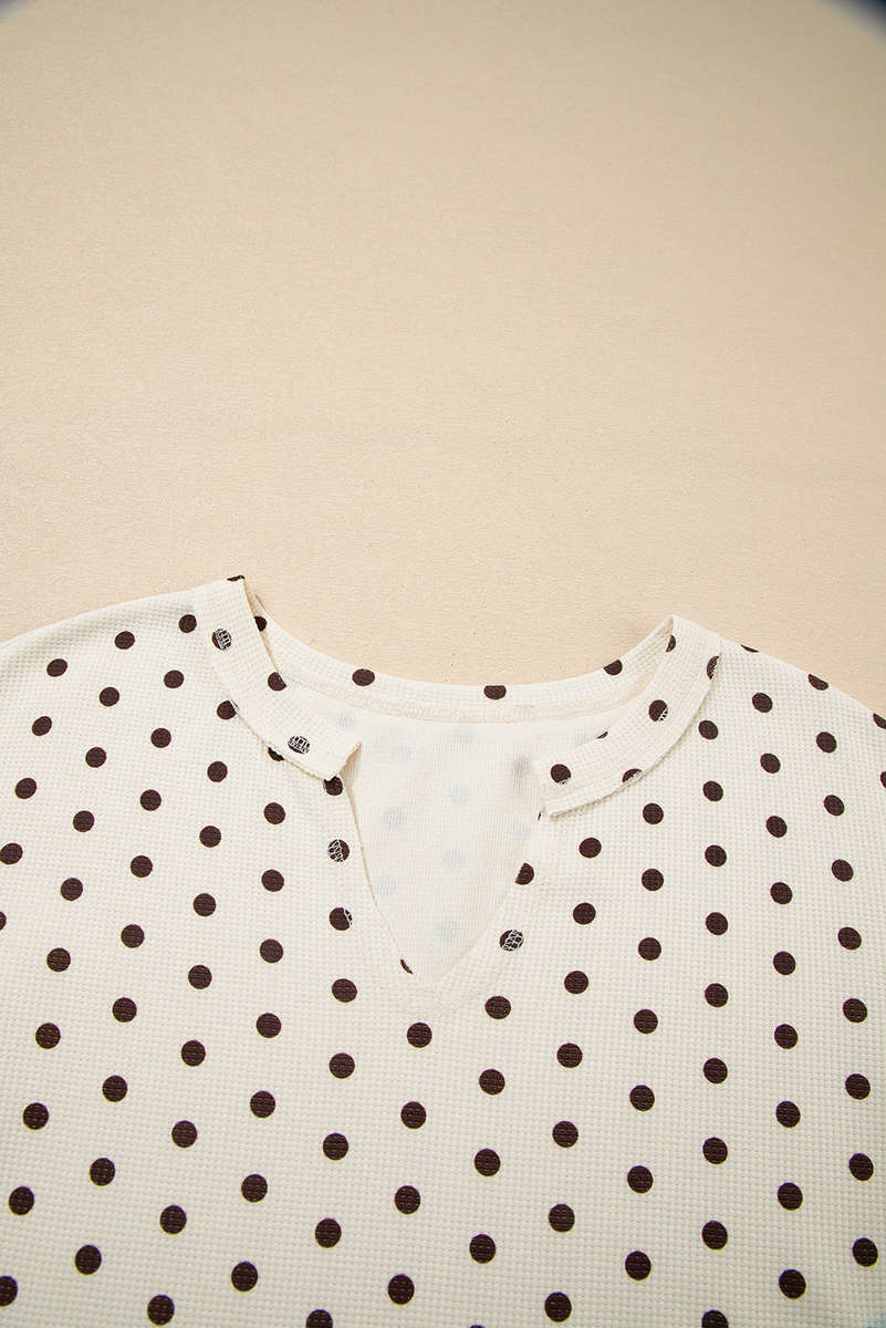White Polka Dot Print Notched Neck Long Sleeve Top Drawstring Jogger Pants Waffle Knit Lounge Set