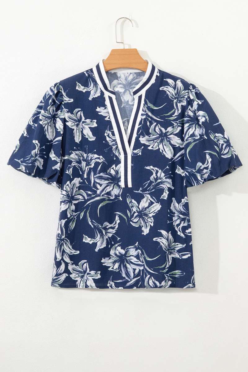 Blue Floral Print Short Puff Sleeve Striped Trim V Neck Blouse